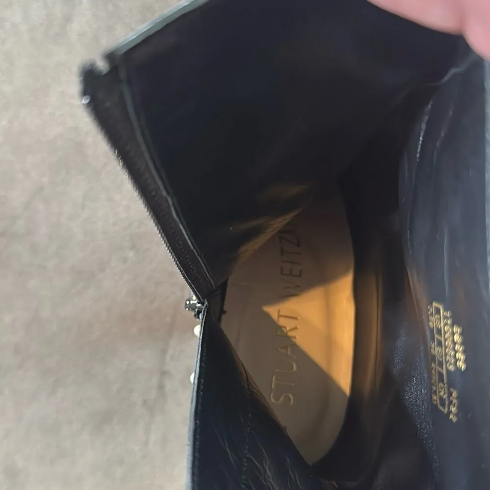 Stuart Weitzman Faux Pearl Studded Calf Leather Black Ankle Boots Zip 7.5B *READ - Image 9