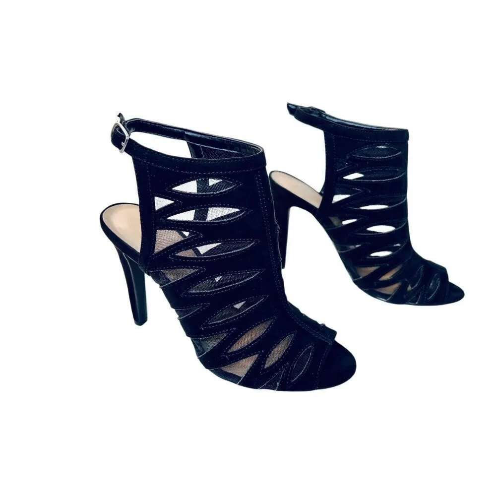 Cathy Jean‎ Strappy Black Heel Stiletto Shoe Velvety See-through Open Toe sz 6 - Image 3