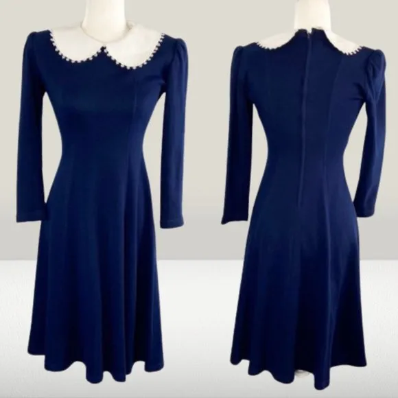 Vintage Petite Lang Midi Dress Peter Pan Collar Wednesday Addams Size 4 - Image 4