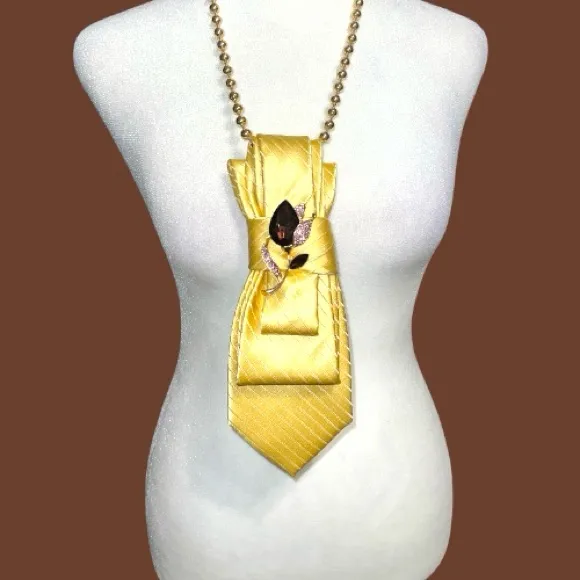 “Dainty Dapper”bold silky look yellow necktie necklace with beautiful brooch White - Image 3