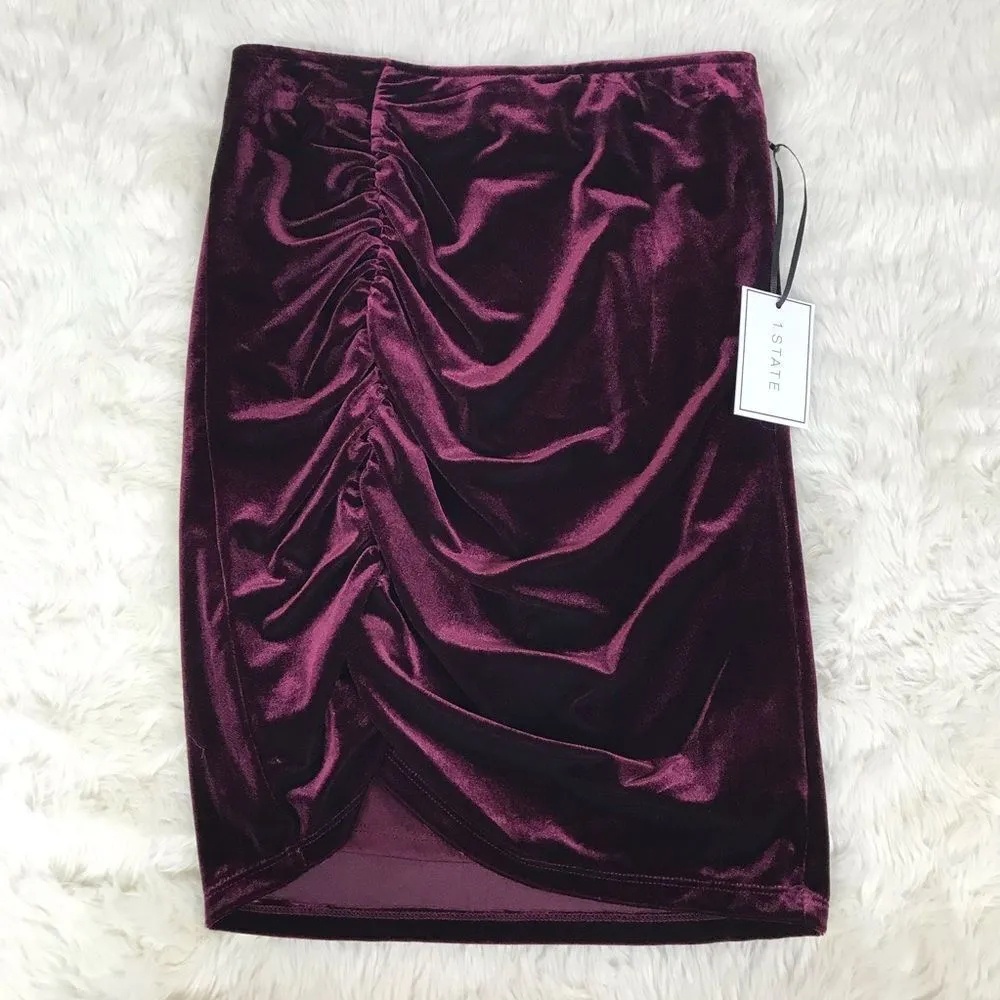 1. STATE Burgundy‎ Velvet Mini Skirt Pencil Ruched Red Purple Size XS Large New - Image 5