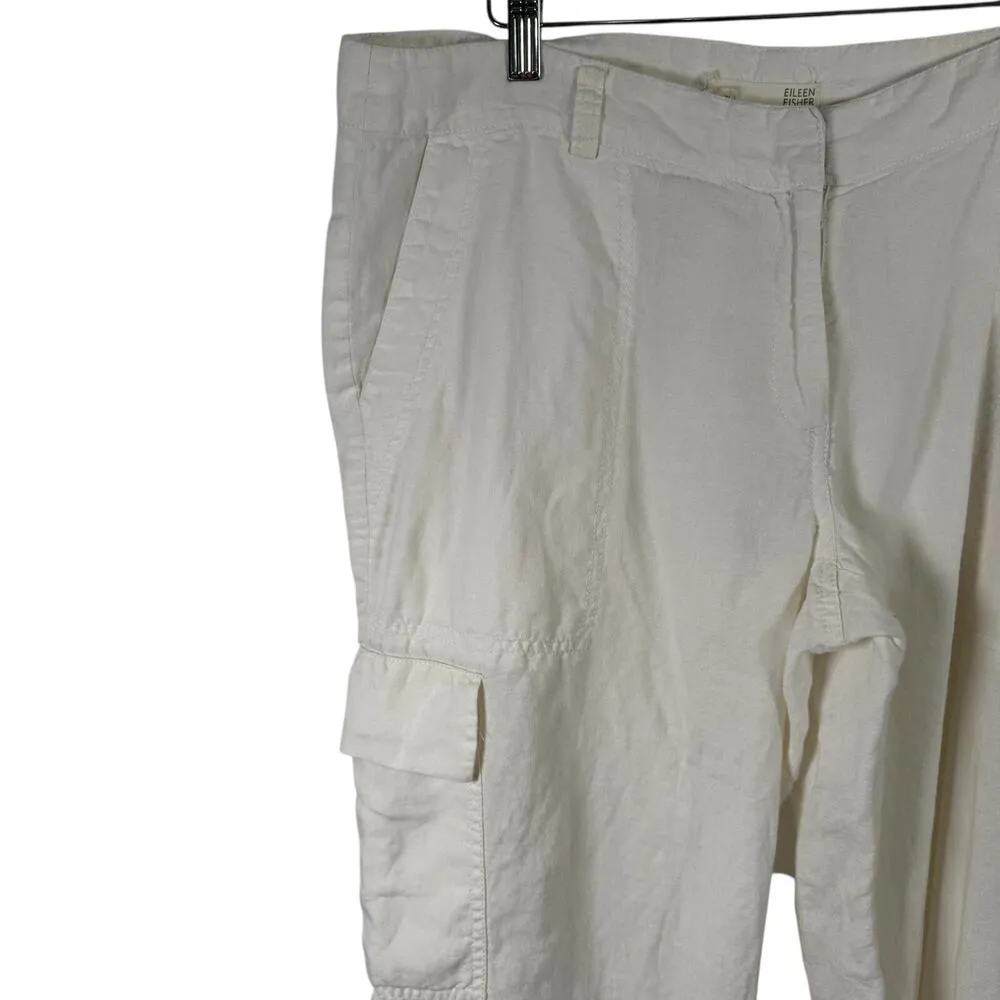 Eileen Fisher White 100% Organic Linen Crop Cargo Pants Lagenlook Womens 14 - Image 2