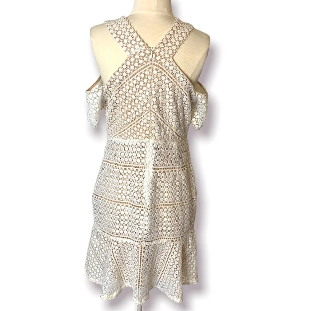 Ina I:na embroidered lace cut out shoulder dress white tan sz m - Image 2