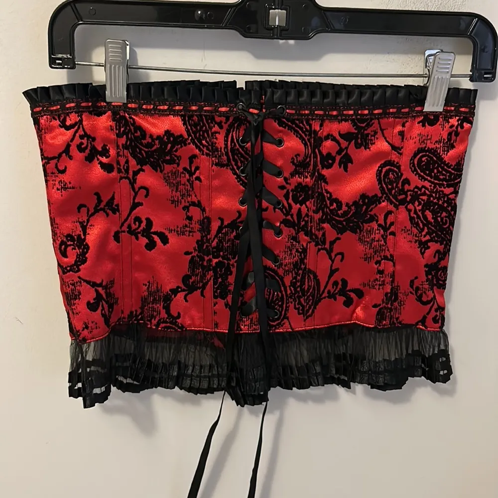 Shirley Of Hollywood Red Satin Black Velvet Paisley Corset Size L - Image 3
