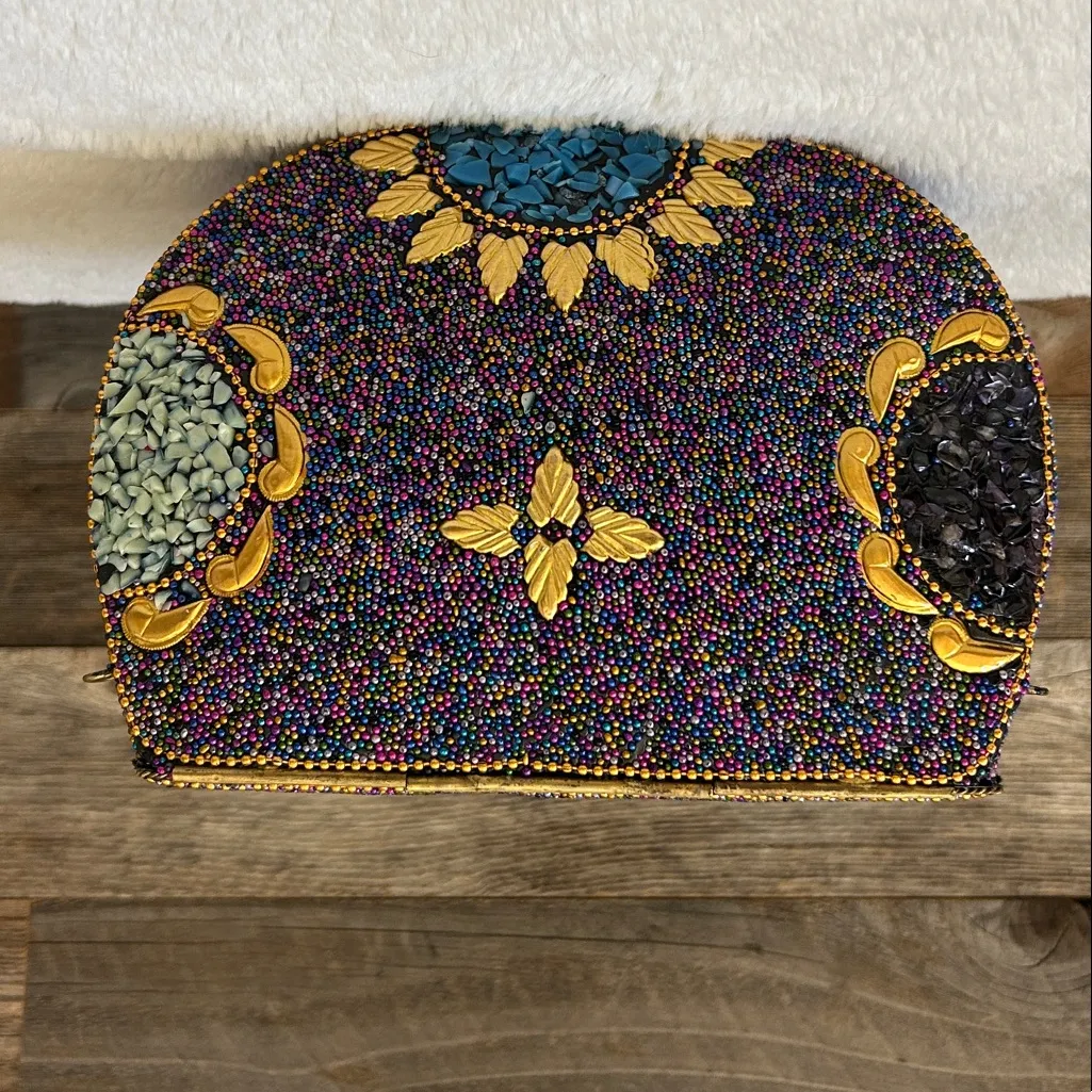 Ramla Handmade Multicolor Beaded Mosaic Clutch Bag With Gold Chain Brand New Blue - Image 3
