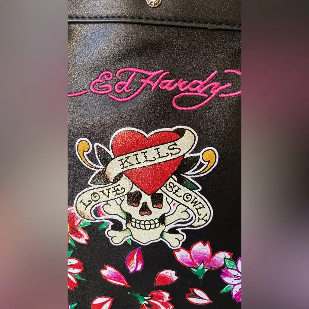 Ed Hardy Studded Embroidered Skull Satchel Bag & Wallet Set Y2K Love Kills - Image 3