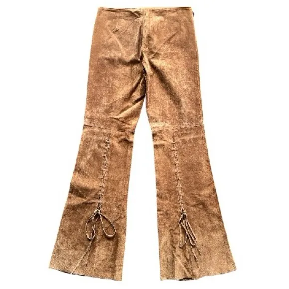 Suede leather Y2K lace up flare pants Large Tan - Image 2