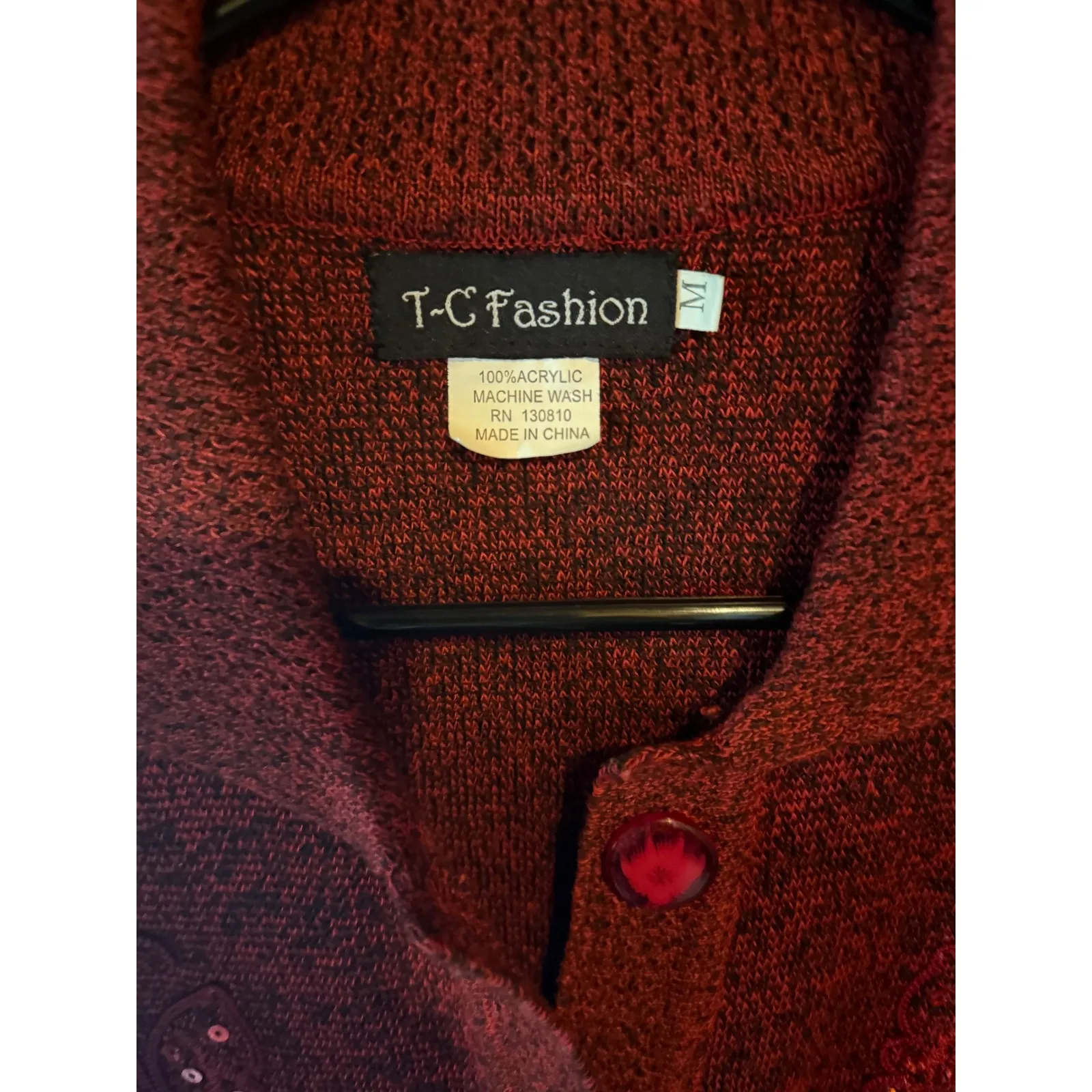T C Fashion Red Knit Cardigan Sequined Embellished Button Down Pockets Size M Size M - Image 4