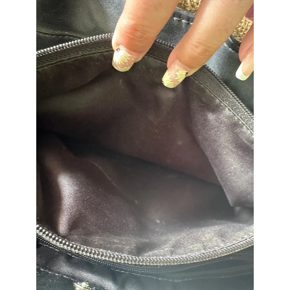 Penelope Black Pebble Leather Leaf Zipper Medium Satchel Tote Bag Purse - Image 8