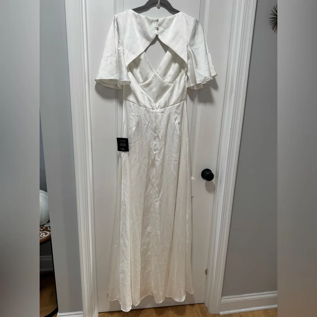 Lulus Elegant Confidence NWT Medium White Satin Flutter Sleeve Cutout Maxi Dress - Image 12