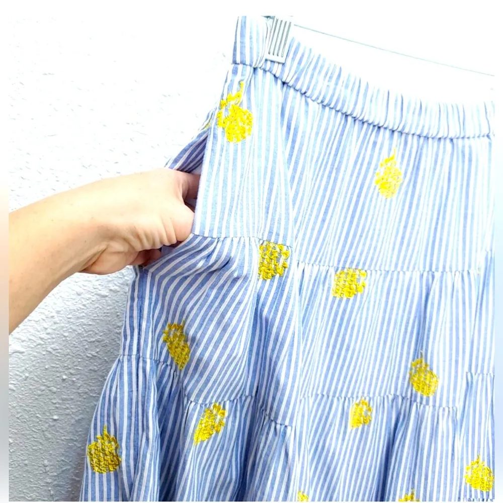 J.Crew Embroidered Pineapple Striped Tiered Midi Skirt Blue White Size XS - Image 5