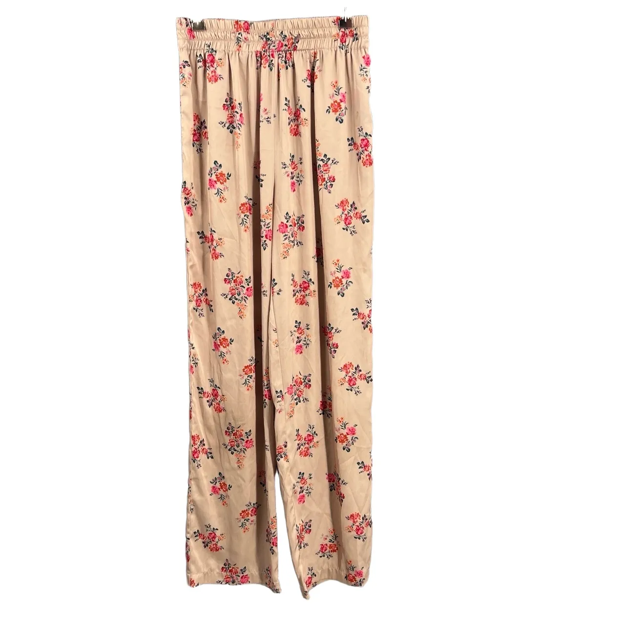 WAYF Wide Leg Floral Print Pants Elastic Waist Pockets Silky Beige Size M - Image 4