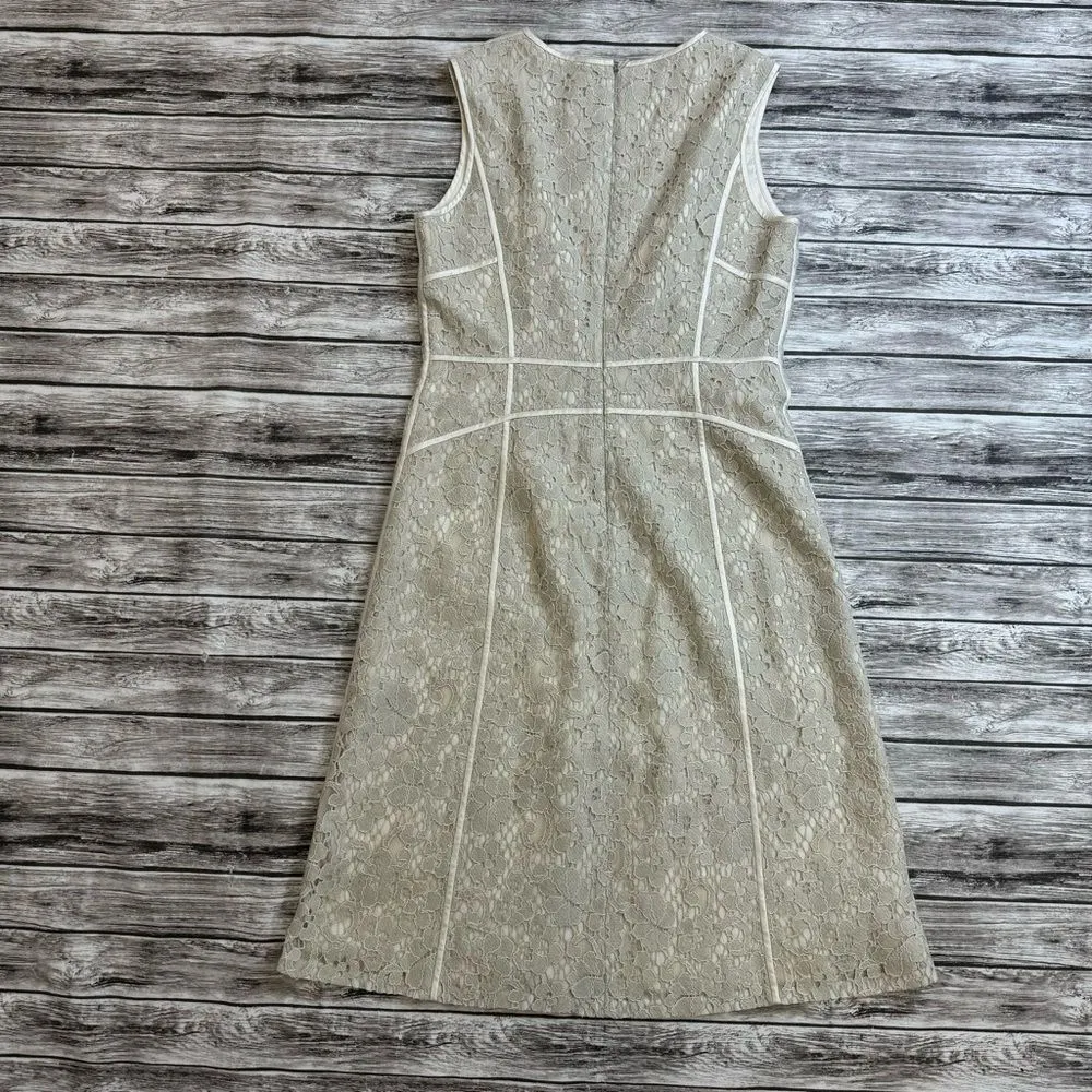 Lafayette 148 New York Women's Sleeveless V Neck Lace Overlay Dress 6 Bone Cream - Image 15