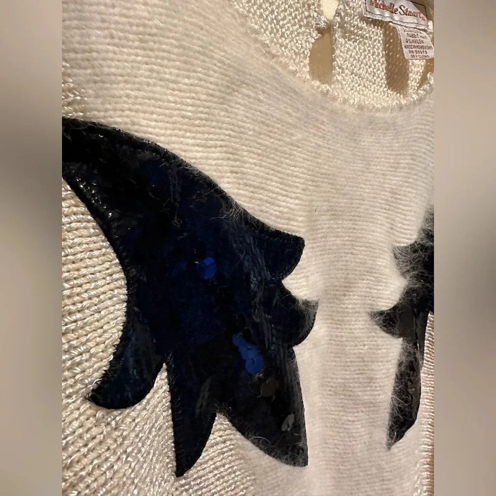 1980s vintage angora leaf and flora sequin sweater white black sweater Size M - Image 6