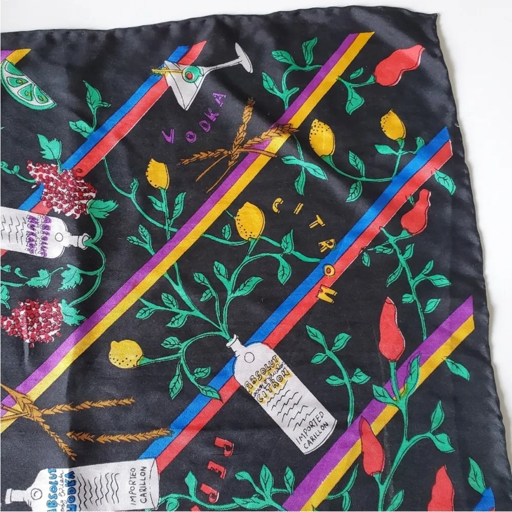 Vintage 90s Nicole Miller '91 Absolut Vodka Silk Scarf Square Alcohol Colorful - Image 5
