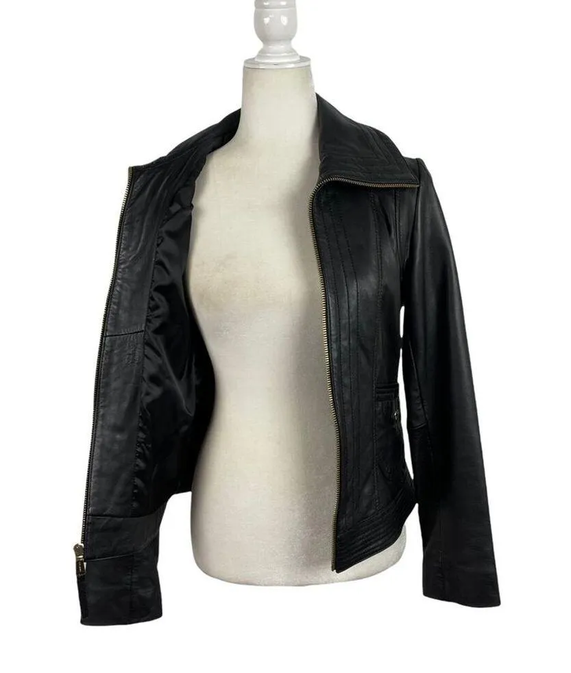 Michael Kors Missy Wing Collar Black Leather Moto Jacket Size XS $695 - Image 14
