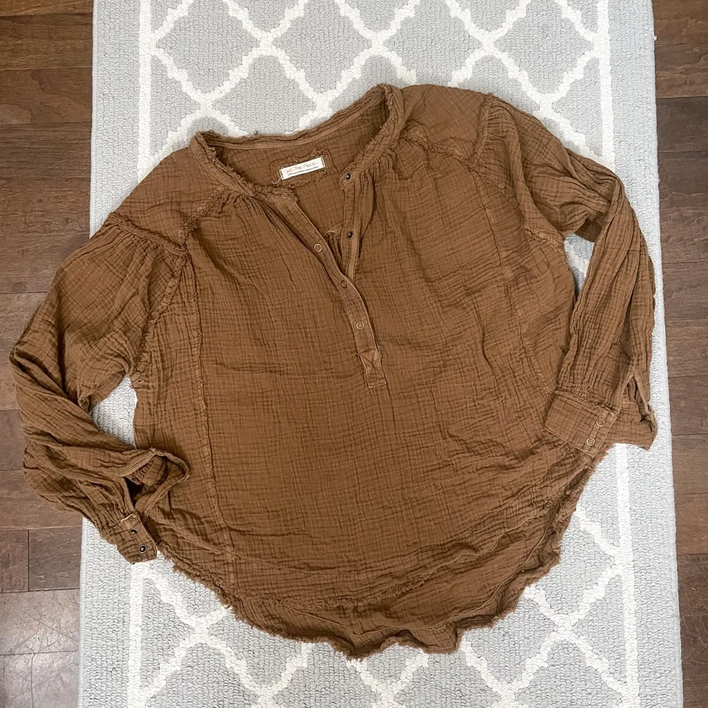 We the free forest green oversized soft linen long sleeve Henley flowy top - Image 2