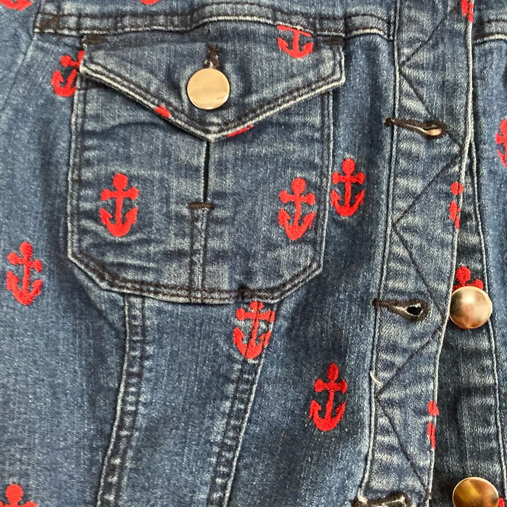 Vintage Forever 21 Anchor Embroidered cropped Jean Jacket M Medium - Image 2