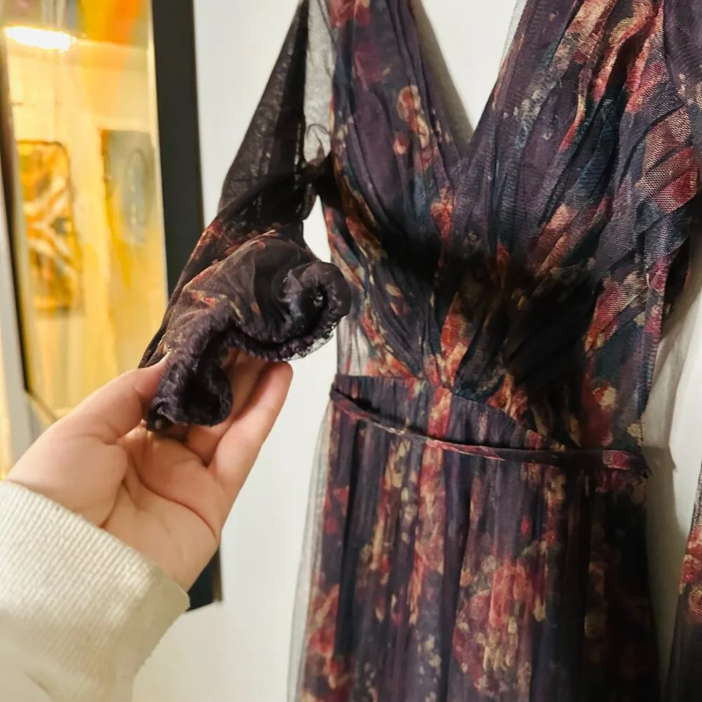 Marchesa Notte Dark Purple Sheer Rose Floral Plunging V - Image 14