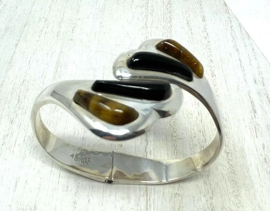 TAXCO Sterling silver, Onyx, Tiger’s Eye hinged bracelet - Image 5