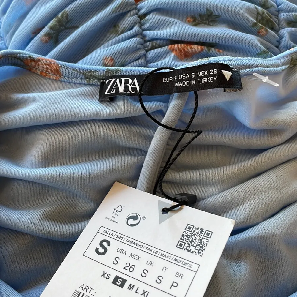 NWT Zara Blue Tulle Print Floral Ruched Top Blouse Small - Image 7