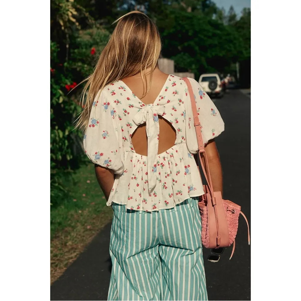 Free People Dainty Chloe Printed Top Floral Large Cottage Bow Gauze Shabby Chic - Image 4