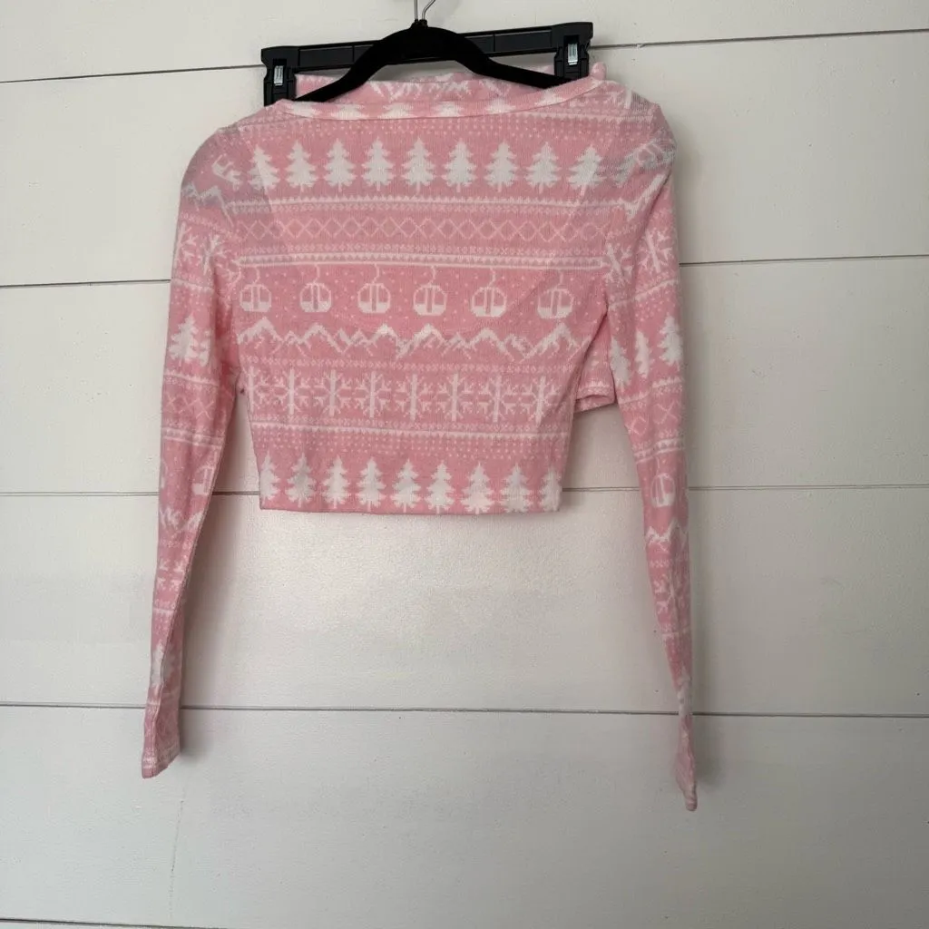 Colsie Women’s XS Pink White Fair Isle 2 Piece Pajama Set Crop Top Shorts - Image 4