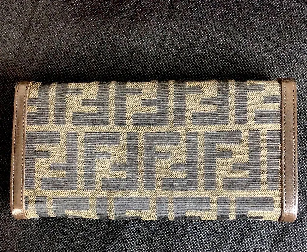FENDI Zucca Navy Canvas and Brown Leather Snap Wallet 8 Credit Cards 4 Billfolds - Image 4