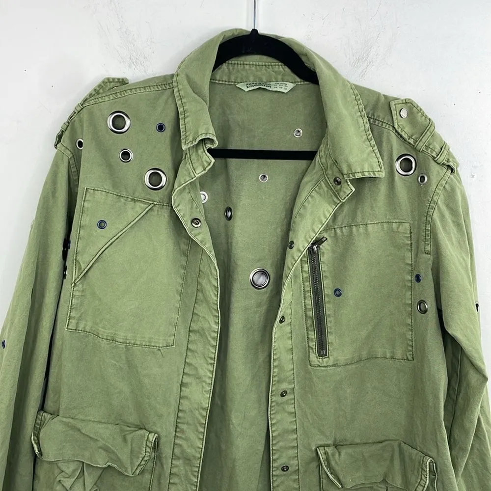 ZARA Oversized Rivet Roll Sleeve Utility Jacket Size X Small Green - Image 4