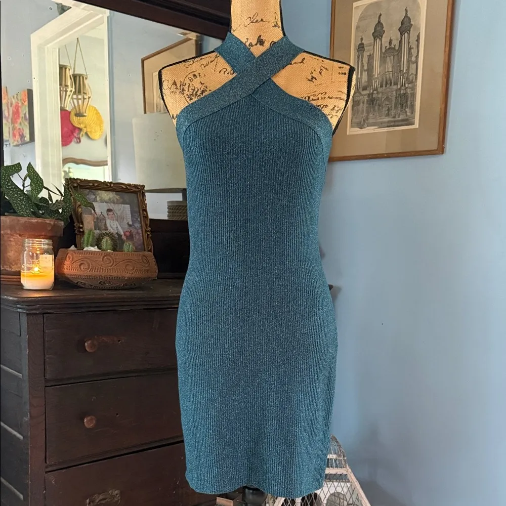 Sincerely Jules Teal Green Ribbed Metallic Knit Halter Dress NWT Blue Size M - Image 9