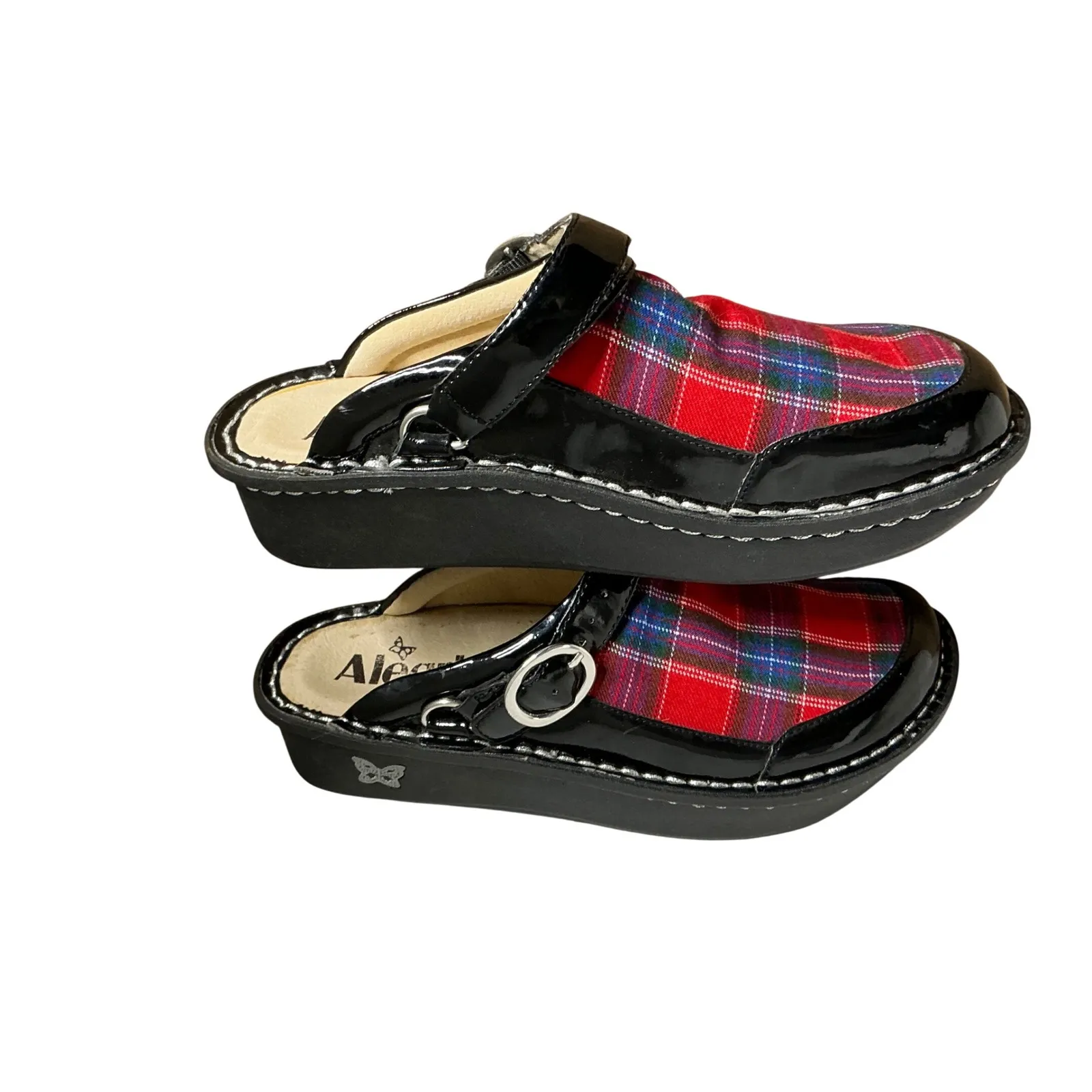 Alegria Clogs Tartan Plaid Patent Leather Slip On Platform Mules Black Red Sz 4 - Image 6