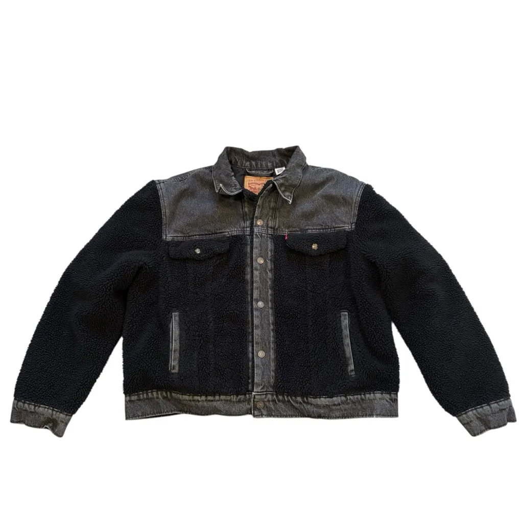 Levi's Pieced Sherpa Ex-Boyfriend Black Denim Trucker Jacket, Sz XL - Image 11