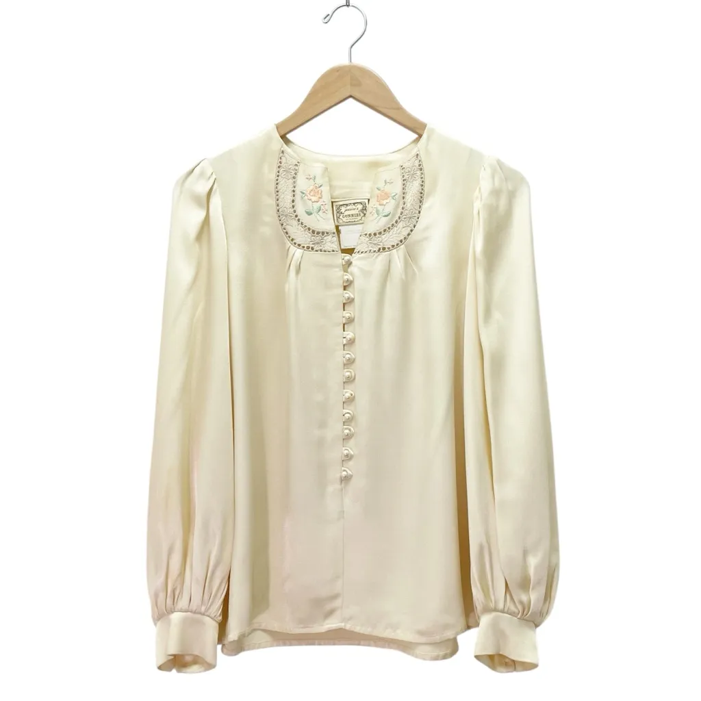 Vintage Jessica’s Gunnies Cream Silk Blouse Victorian Satin Pearl Buttons Small Pink - Image 2
