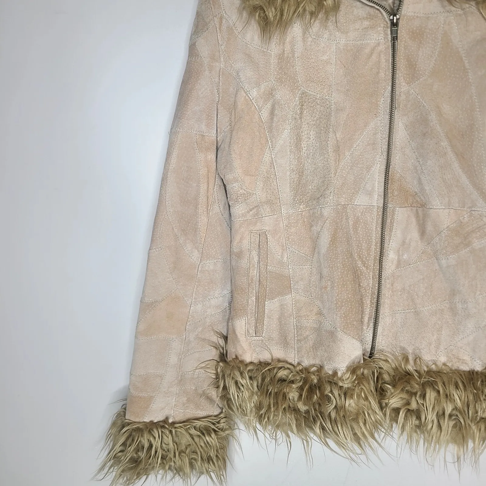 Vintage Rave Penny Lane Coat Women's Size XL Tan Suede Patchwork Faux Fur‎ Y2K - Image 3