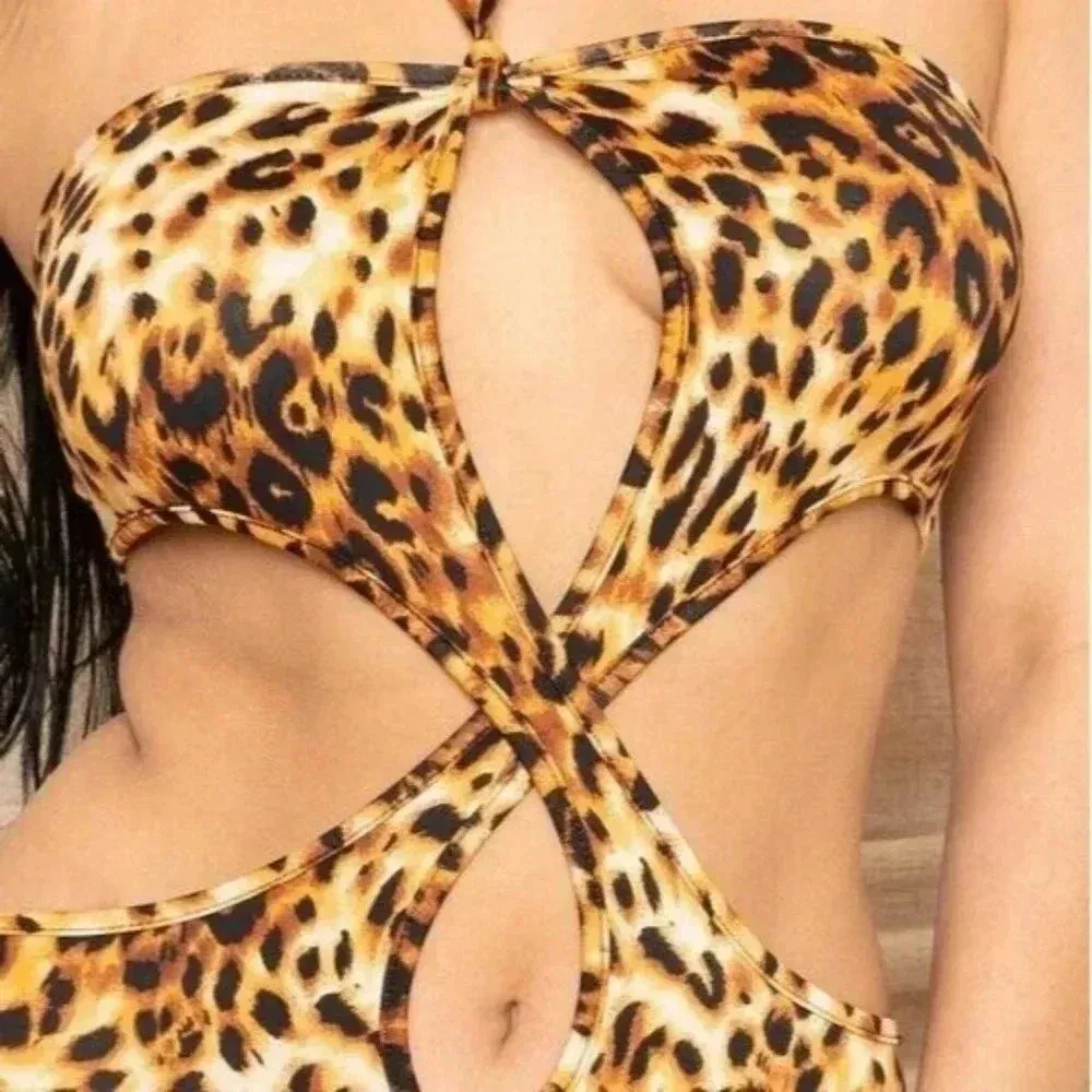 Leopard Size Large Cut Out Bodycon Maxi Dress. New Gold - Image 2