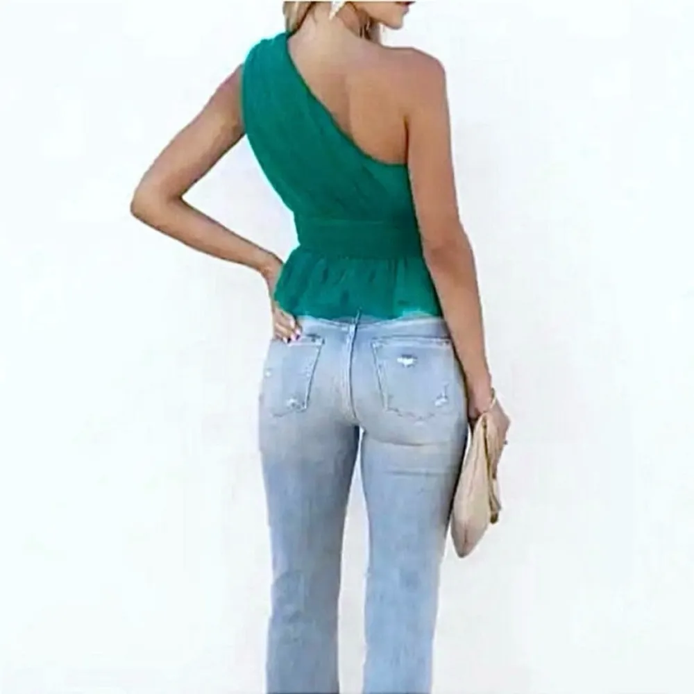 NWT Endless Rose Top One Shoulder Shirred Tulle Jade Green XL Cocktail Chic Glam - Image 2