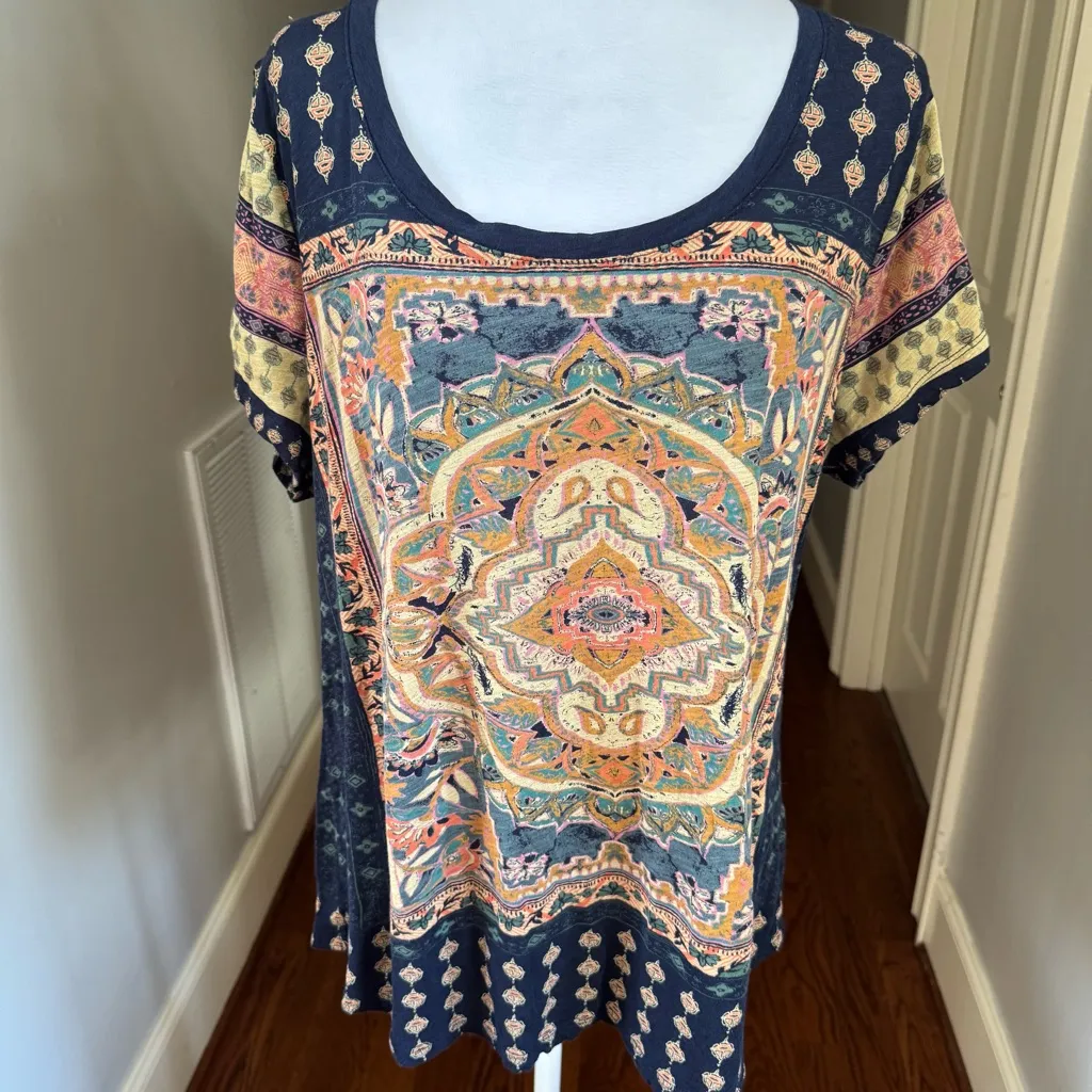 Lucky Brand Navy Tan Multicolor Bohemian Blouse 1XL - Image 5