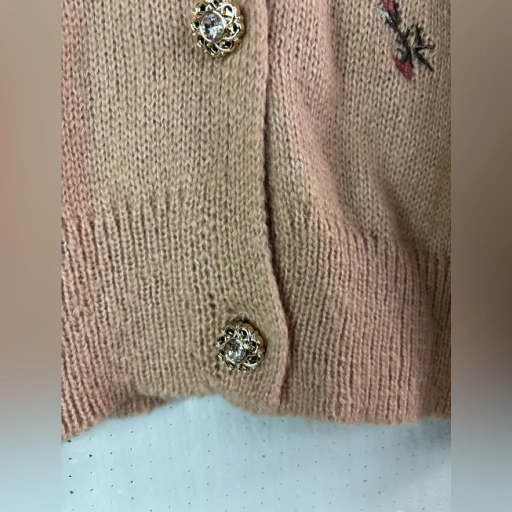 A Love Story M Feminine Floral Embroidered Knit Cardigan Sweater Pink Size M - Image 5