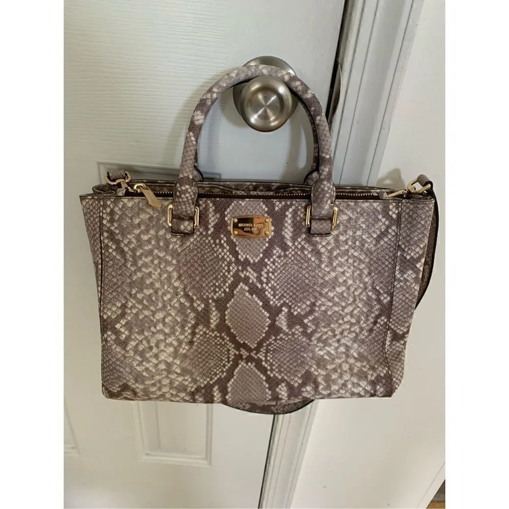 Michael Kors Beige Python Embossed Leather Satchel - Image 6