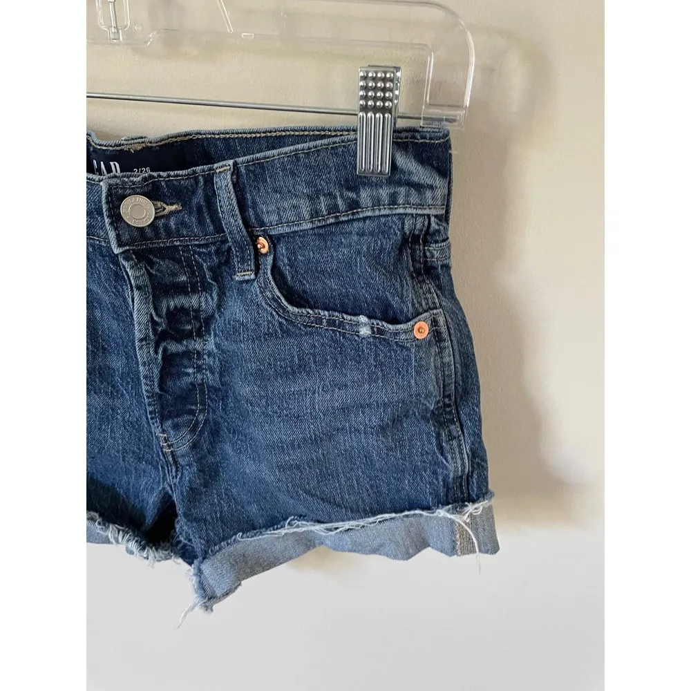 Gap High Rise Raw Hem Cheeky Button Fly Denim Shorts Blue Size 2 - Image 3