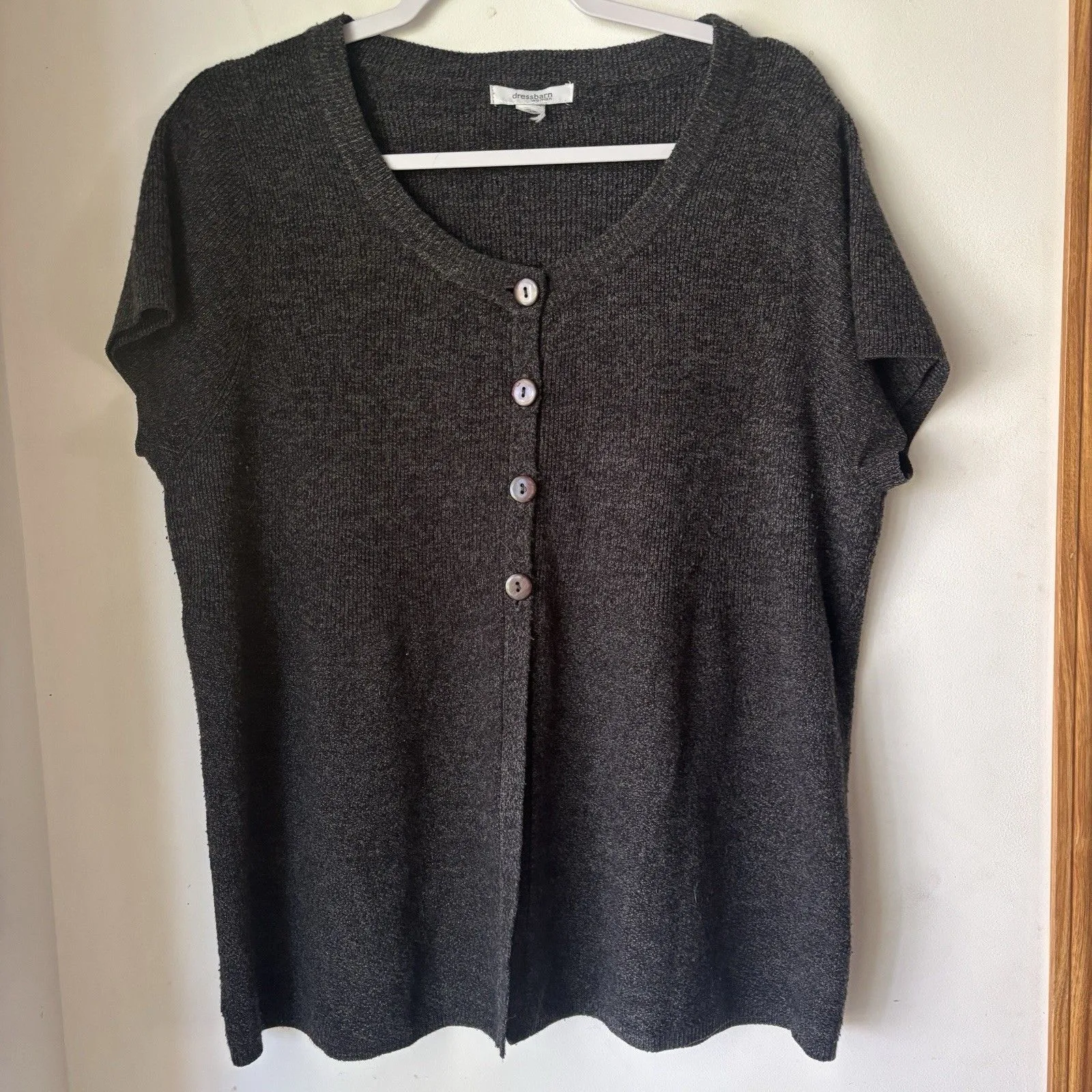 Vintage Dressbarn Woman Popover Cardigan 14/16 Split Hem Henley Dark Gray - Image 2