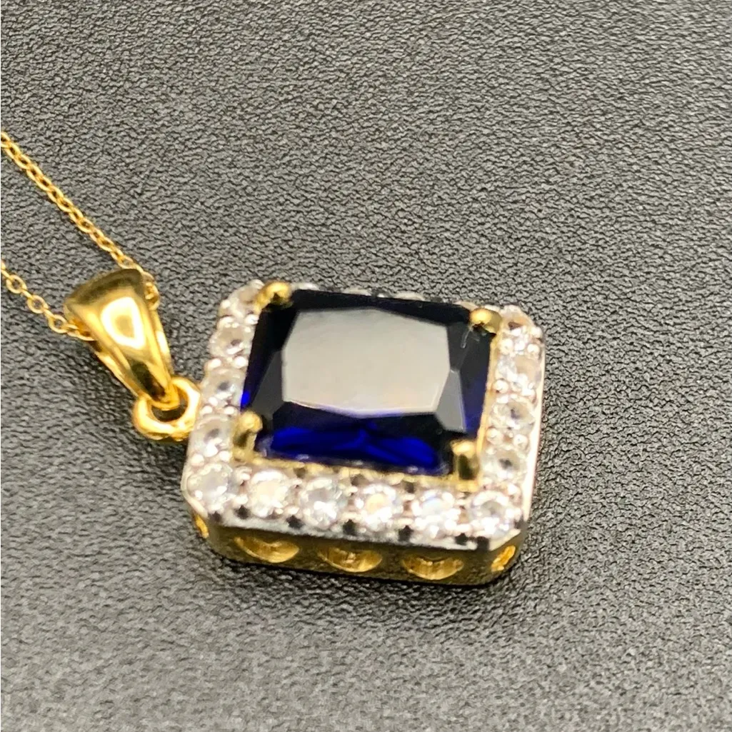 Gold Over 925 Blue CZ And White Sapphire Halo Pendant Necklace Heart Cut Out - Image 5