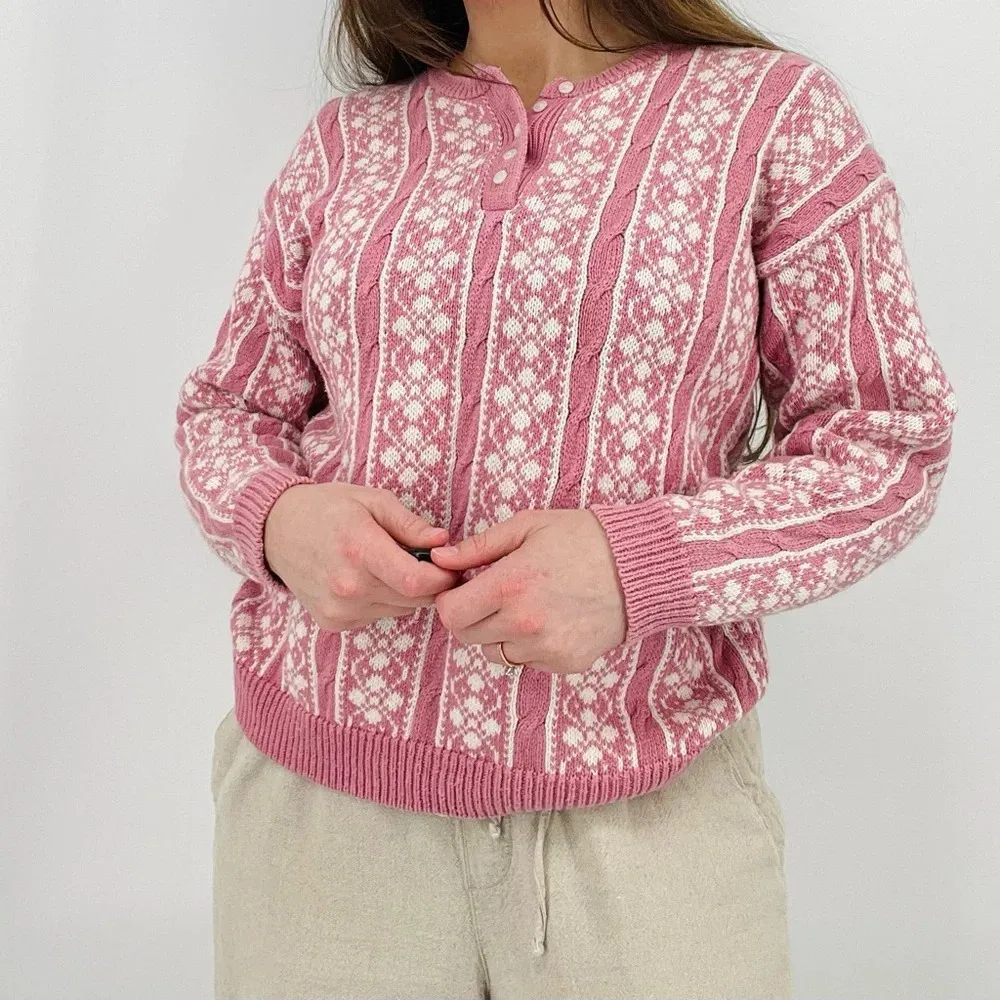 vintage boho cottagecore henley sweater pullover cable knit patterned mauve pink White Size M - Image 3