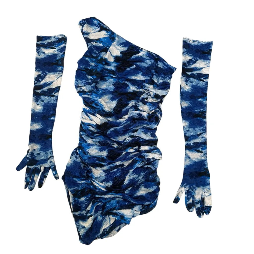 Miscreants Blue One Shoulder Bodycon Ruched‎ Mini Dress Detachable Gloves US 10 Size 8 - Image 3