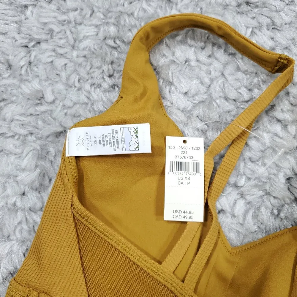 Aerie Offline Ribbed Plunge Sports Bra Yellow Brown Honey Goals Stretch Size XS - Image 5