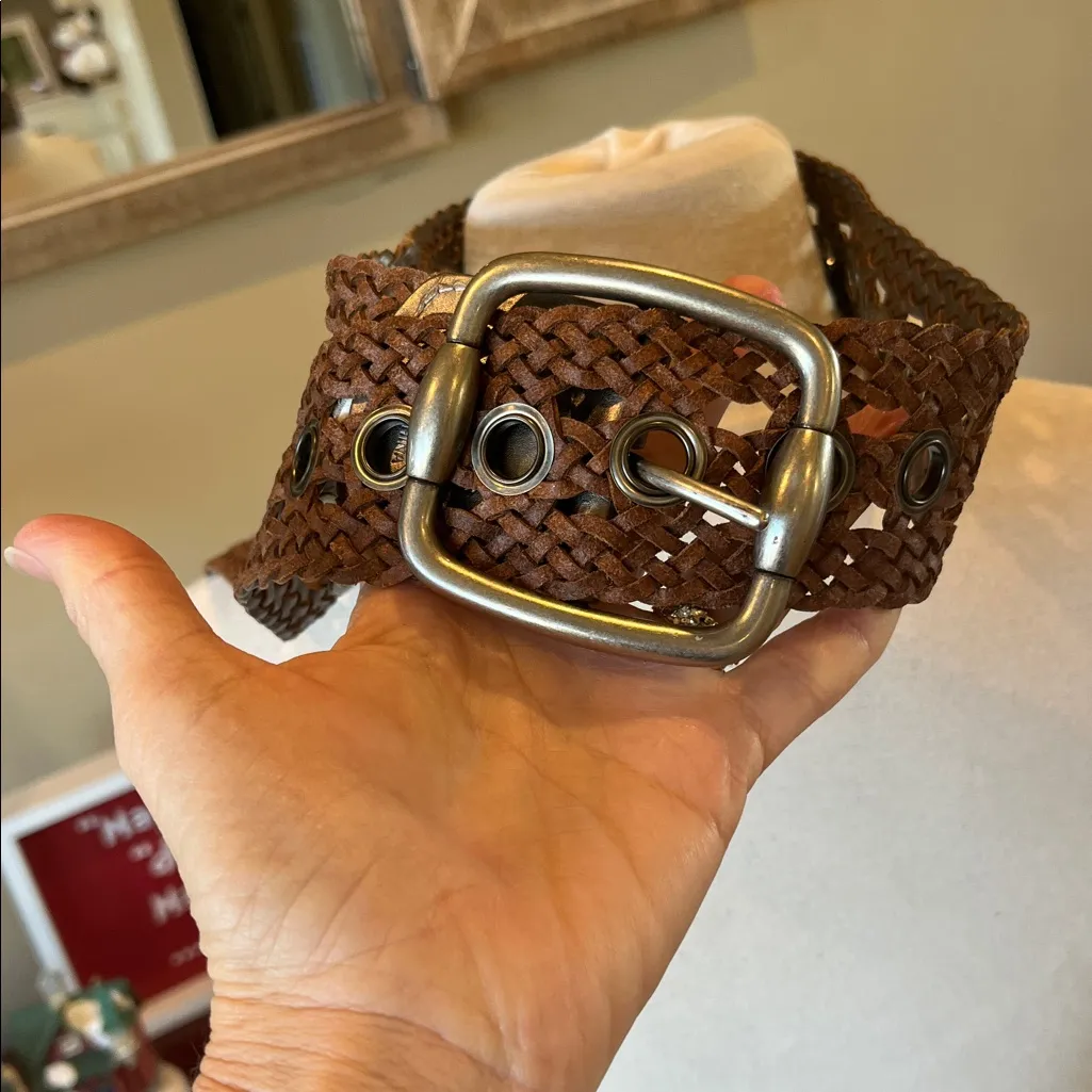 Fossil  Brown Leather Braided Belt with Silver Buckle - Image 4