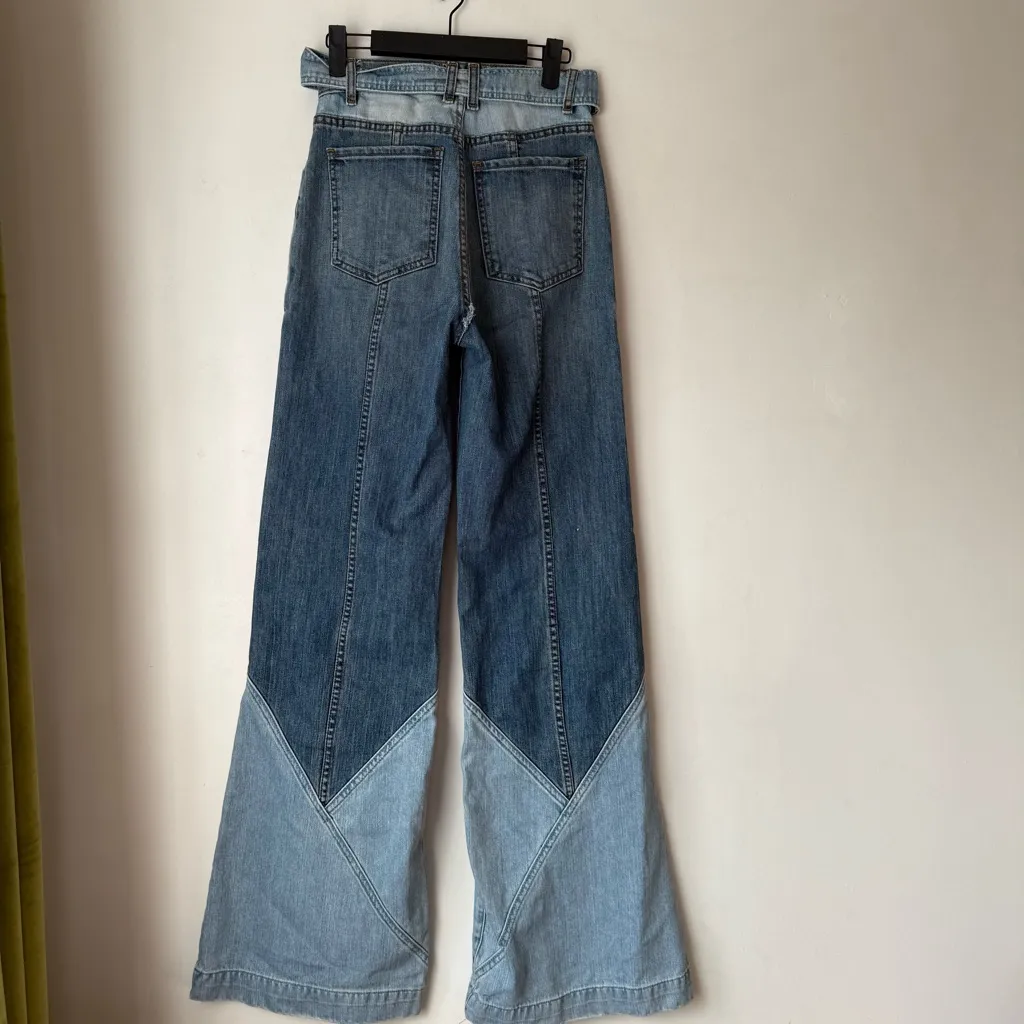 Revice Colorblock Patchwork Tie Waist High Rise Flare Jeans 28" - Image 5