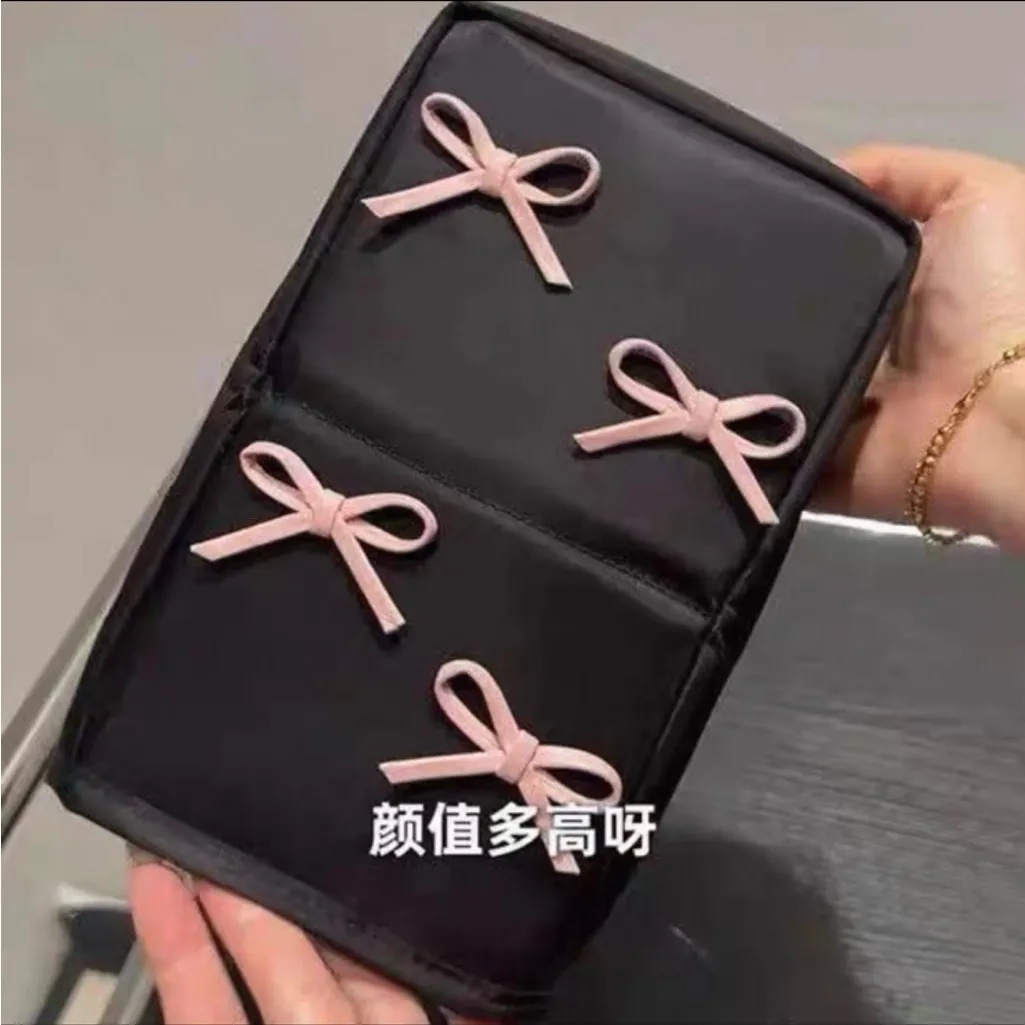 Black Pink Bow Kawaii Medium Makeup Organizer Standing Pouch Bag - Image 4