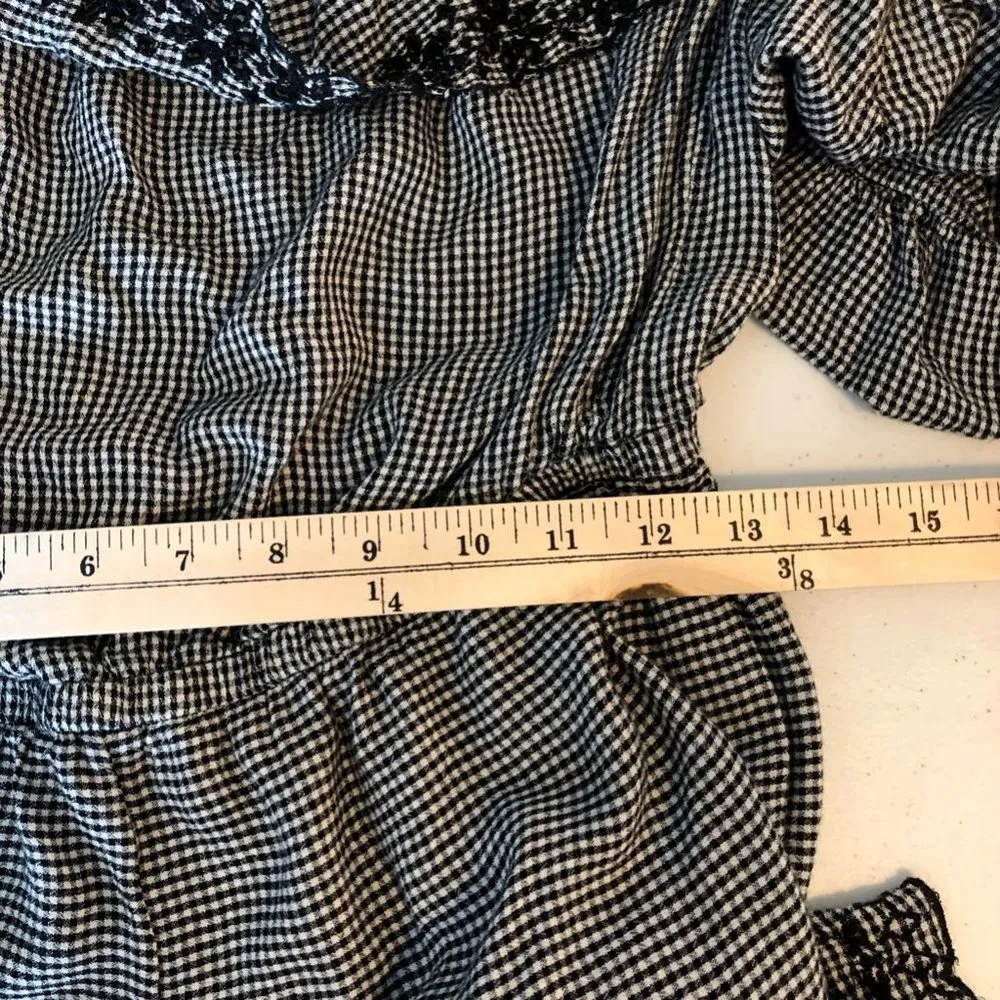 American Eagle Outfitters Romper Ruffle Black Gingham Off Shoulder Embroidered M - Image 6
