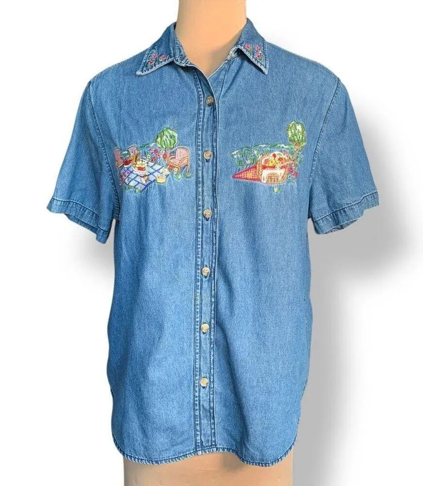 Vintage 90s Embroidered Chambray Denim Short Sleeve Button Up Top Plaid Picnic Blue Size M - Image 2